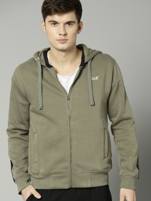 

French Connection Men Olive Green Solid Hooded Sweatshirt