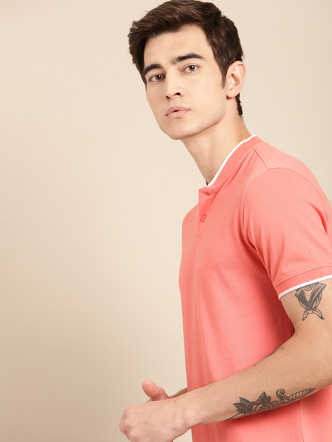 

ether Men Peach Non-Fading Hi-IQ Mandarin T-shirt