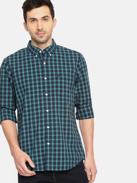 

AMERICAN EAGLE OUTFITTERS Men Navy & Green Slim Fit Checked Casual Shirt, Navy blue