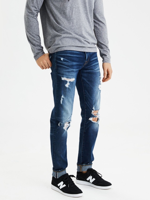 

AMERICAN EAGLE OUTFITTERS Men Blue Flex Slim Fit Highly Distressed Stretchable Jeans