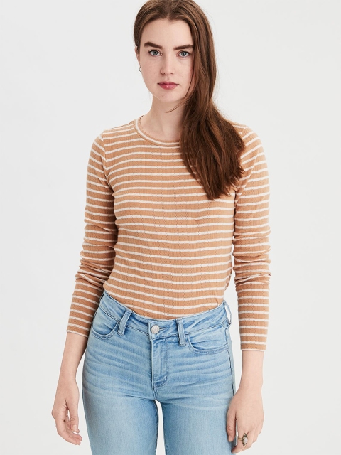 

AMERICAN EAGLE OUTFITTERS Women Yellow And White Striped Round Neck T-shirt