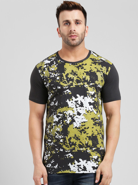 REALM Men Charcoal Grey & Green Slim Fit Printed Round Neck T shirt Charcoal male
