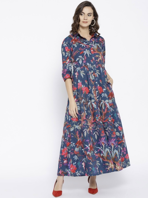 

Biba Women Navy Blue Floral Print Maxi Dress