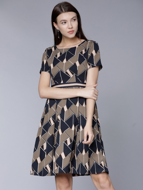 

Tokyo Talkies Women Navy Blue Printed Fit and Flare Dress