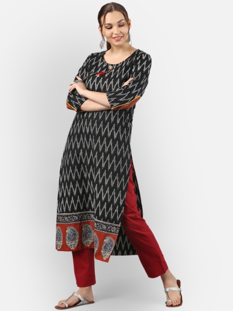 

Janasya Women Black & Grey Printed Straight Kurta