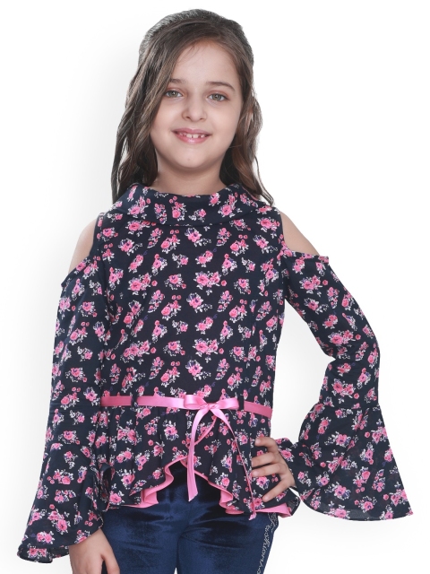 

CUTECUMBER Girls Navy Blue Printed Peplum Pure Cotton Top