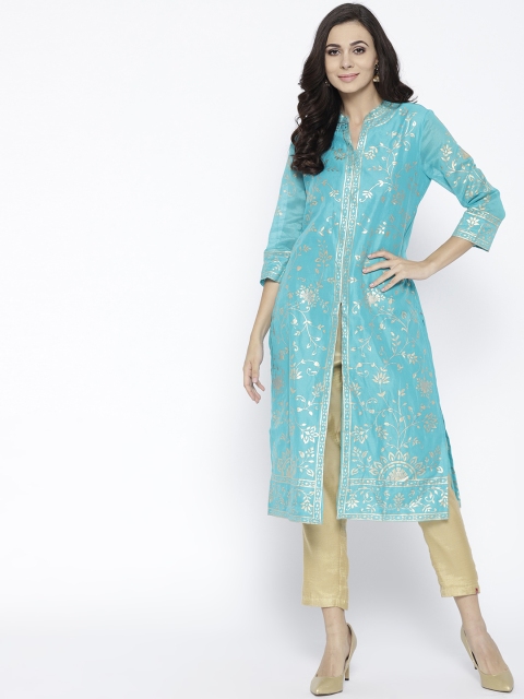 

Biba Women Blue & Golden Printed Straight Kurta