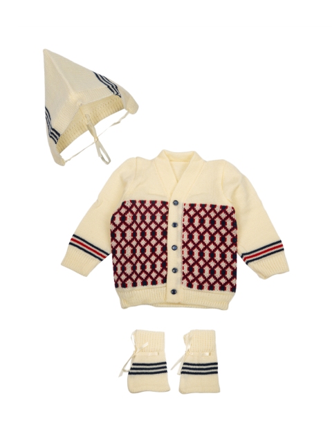 

MeeMee Unisex Cream-Coloured & Navy Self Design Cardigan
