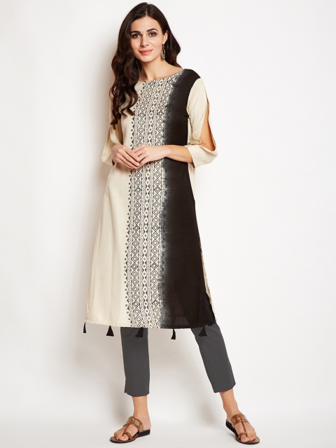 

studio rasa Women Beige & Black Handblock Print Straight Kurta