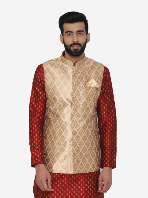 

Manyavar Men's Beige Regular Fit Woven Design Nehru Jacket