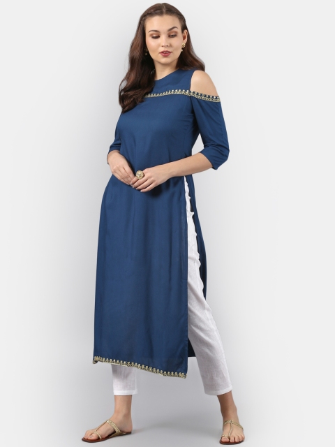

Janasya Women Navy Blue Solid Straight Kurta