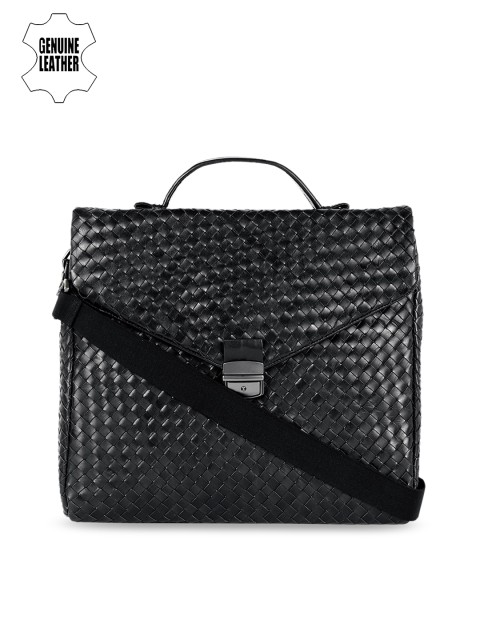 

Eske Men Black Leather Textured Laptop Bag with Sling Strap