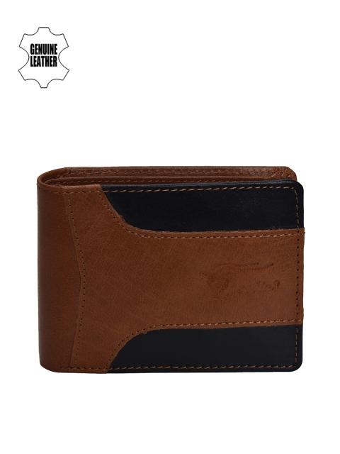 

Peseta Men Tan Brown & Black Colourblocked Two Fold Leather Wallet