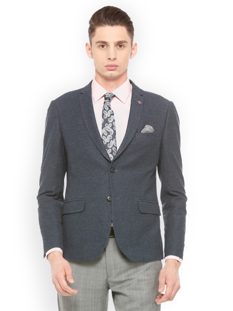 

V Dot Blue Solid Single-Breasted Slim Fit Formal Pure Cotton Blazer