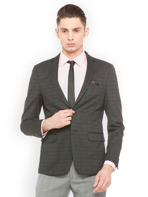 

V Dot Charcoal Grey Checked Single-Breasted Slim Fit Formal Blazer