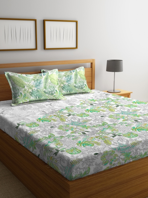 

Portico New York Green & Off-White Floral Flat 144 TC Cotton 1 King Bedsheet with 2 Pillow Covers