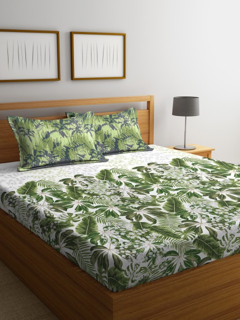 

Portico New York White & Green Floral Flat 144 TC Cotton 1 King Bedsheet with 2 Pillow Covers