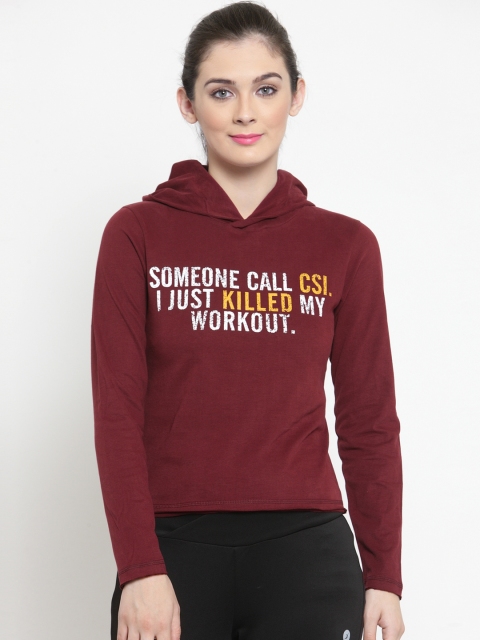 

BUKKUM Women Maroon Printed Hooded Sweatshirt