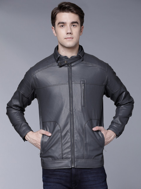 

LOCOMOTIVE Men Charcoal Grey Solid Biker Jacket