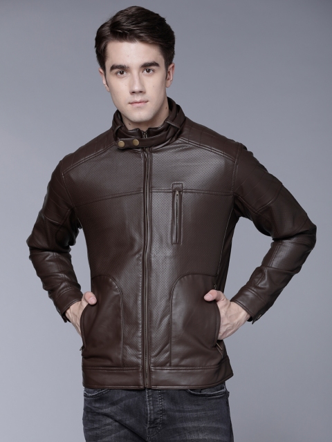 

LOCOMOTIVE Men Brown Solid Biker Jacket