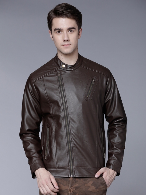 

LOCOMOTIVE Men Coffee Brown Solid Biker Jacket