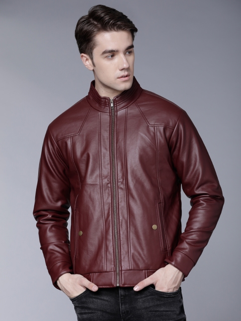 

LOCOMOTIVE Men Burgundy Solid Front Zip Stand Collar Jacket