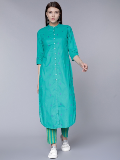 

Vishudh Women Turquoise Blue Yarn Dyed Kurta With Trousers