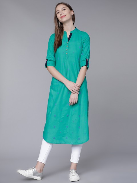

Vishudh Women Green Yarn Dyed Straight Kurta