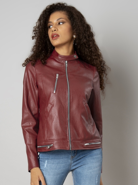 

FabAlley Women Maroon Solid Biker Jacket