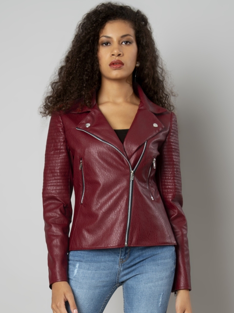 

FabAlley Women Maroon Solid Biker Jacket