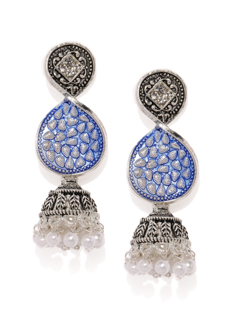 

Zaveri Pearls Silver-Toned & Blue Contemporary Jhumkas