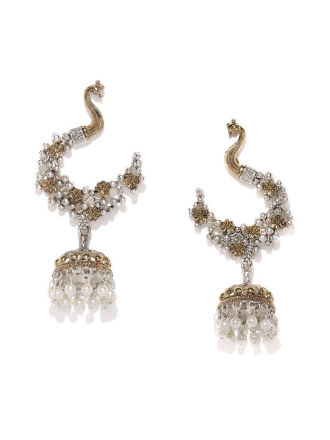 

Zaveri Pearls Silver-Toned Peacock Shaped Jhumkas