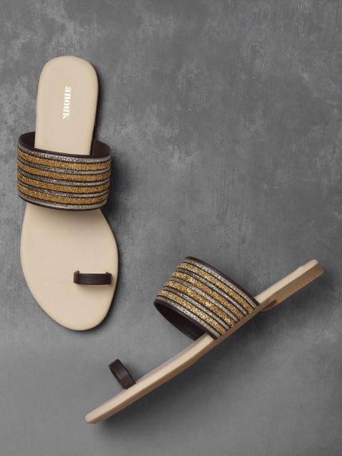 

Anouk Women Gold-Toned & Brown Striped One Toe Flats