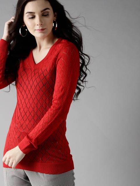 

Moda Rapido Women Red Open Knit Pullover