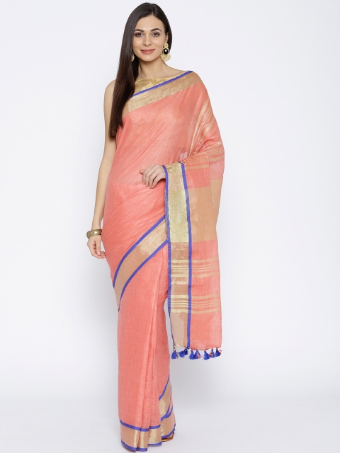 

lal10 Peach-Coloured Linen Solid Handwoven Bhagalpuri Saree