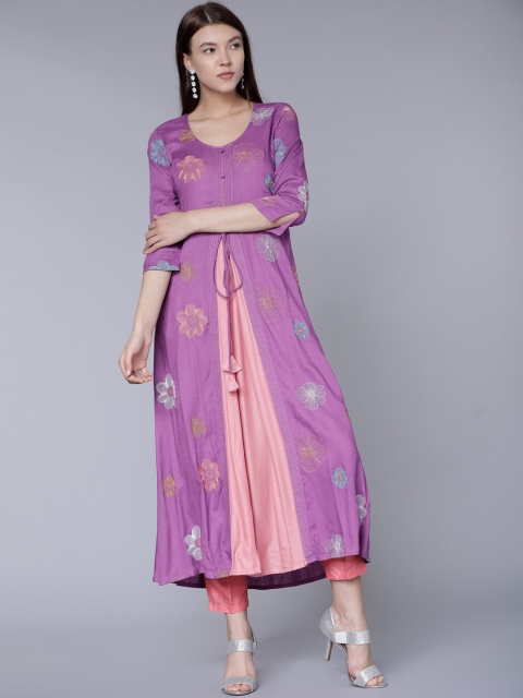 

Vishudh Women Purple & Pink Embroidered A-Line Kurta