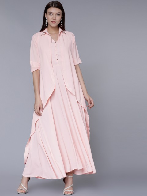 

Vishudh Women Peach-Coloured Solid A-Line Kurta Dress