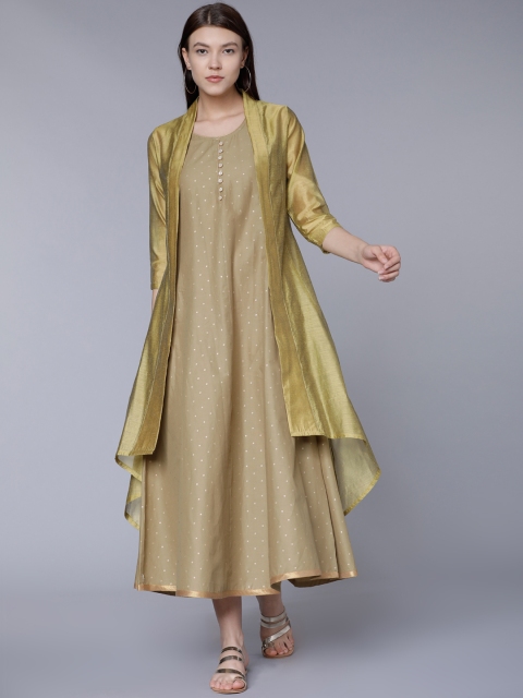 

Vishudh Women Olive Green Woven Design Layered A-Line Kurta