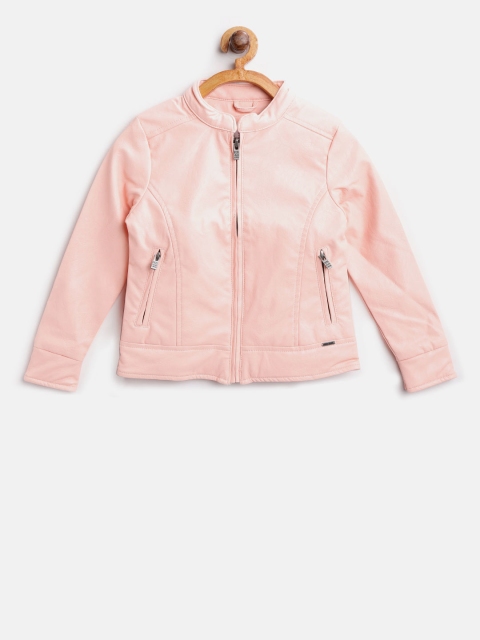 

Pepe Jeans Girls Peach-Coloured Solid Biker Jacket