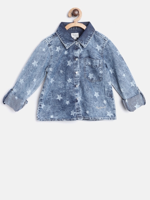 

Pepe Jeans Girls Navy Blue Regular Fit Washed & Printed Denim Casual Shirt