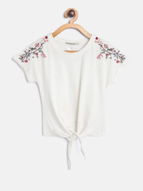

Pepe Jeans Girls Off-White Solid Pure Cotton Top with Waist Tie-up