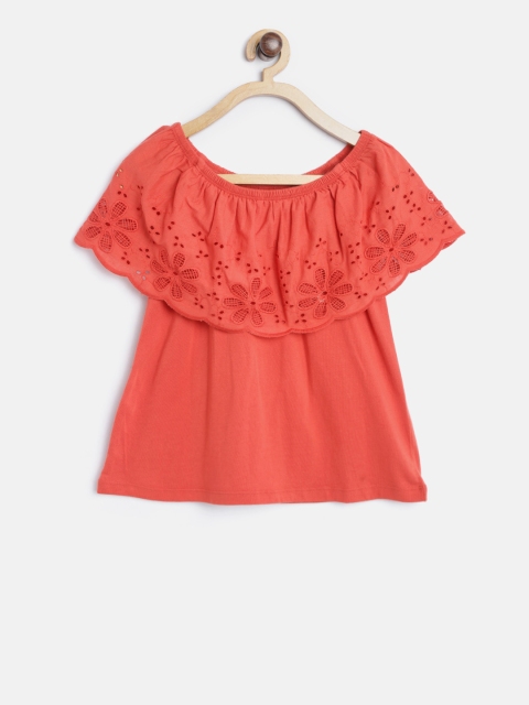 

Pepe Jeans Girls Rust Red Schiffli Embroidered Layered Bardot Pure Cotton Top