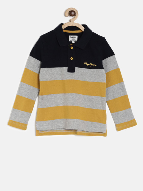 

Pepe Jeans Boys Grey Melange & Mustard Yellow Striped Polo Collar T-shirt
