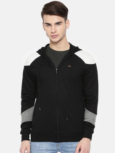 

People Men Black & Grey Colourblocked Hooded Sweatshirt