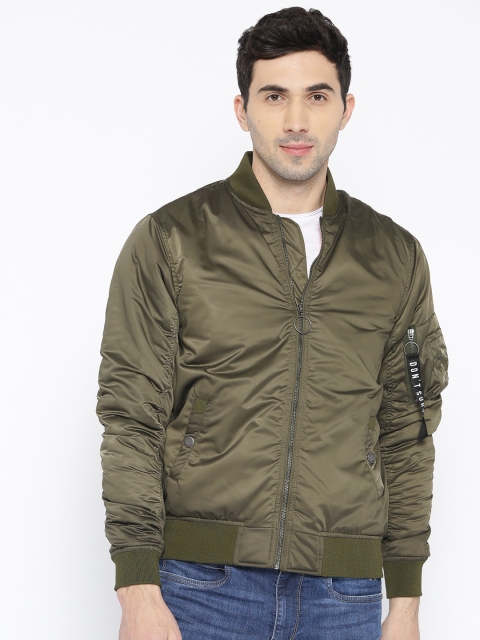 

People Men Olive Green Solid Bomber Jacket