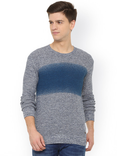 

People Men Grey & Blue Colourblocked Pullover