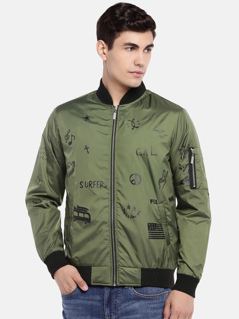

People Men Olive Green Printed Bomber Jacket