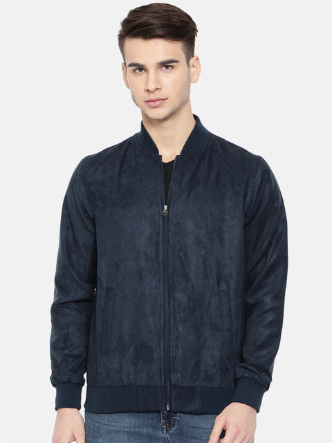 

People Men Navy Blue Solid Suede Bomber