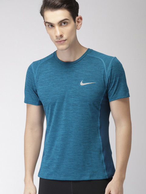 

Nike Men Teal Blue Solid Standard Fit MILER TOP SS Dri-FIT Running Round Neck T-shirt