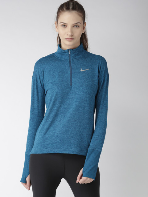 

Nike Women Teal Blue Solid DrI-FIT ELMNT TOP HZ Running Tshirt